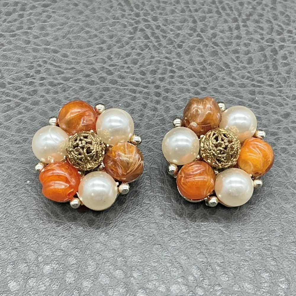Vintage Lisner Clip On Earrings Cluster Flower Faux Pearl Orange Bead Gold Tone